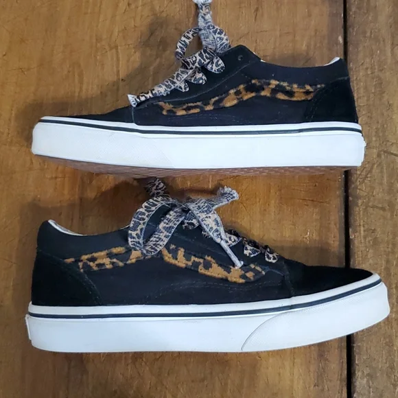 Vans Child Old Skool Black Leopard Fur Skate Shoe - Picture 1 of 13